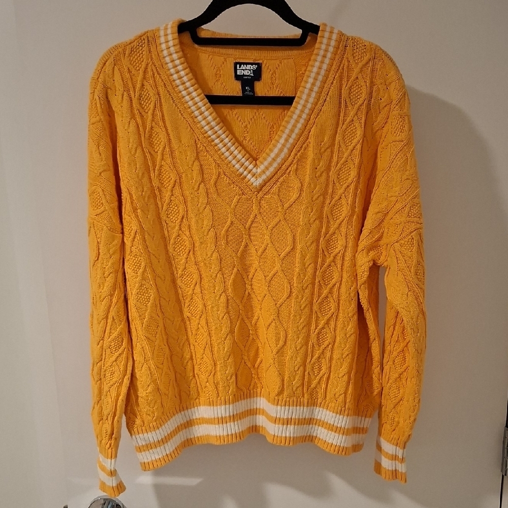 Lands' End Orange Drifter Cable Knit Boxy V-Neck Sweater w/ White Accents (XL)